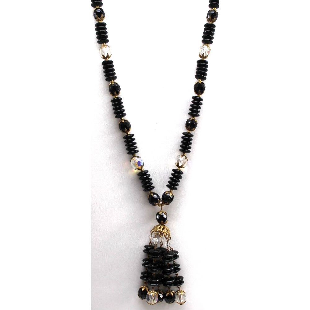 Vintage Black Onyx 25" Statement Necklace Faceted Bead Disc AB 3" Tassle